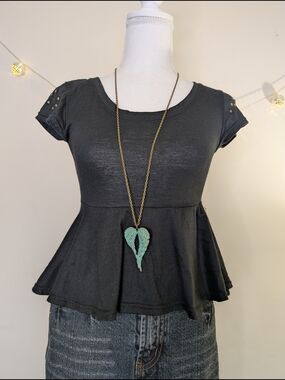Black Peplum Crop Top with Studded Shoulders